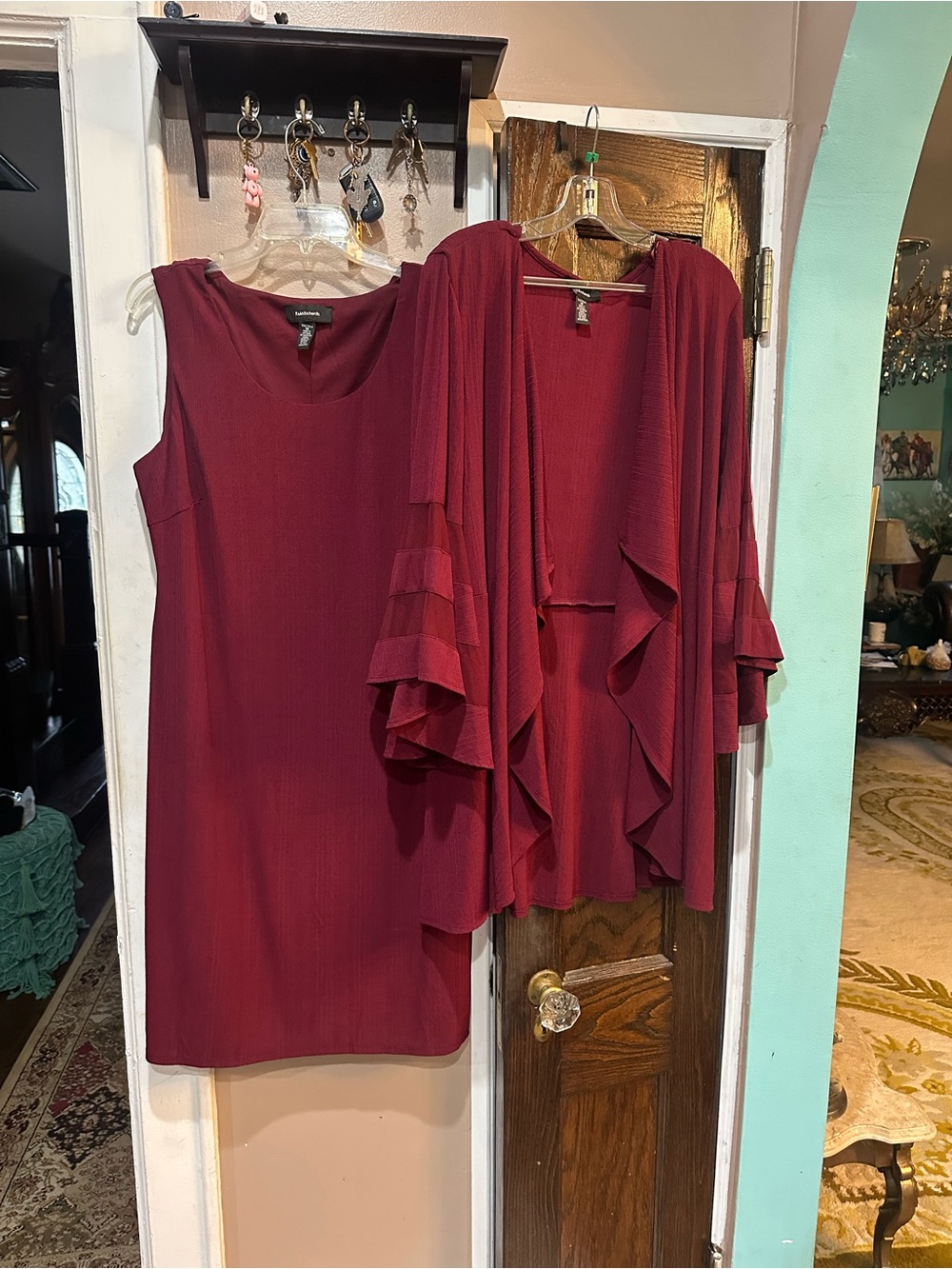 R&M Richards Burgundy Sleeveless Shift Dress with Ruffled Open Cardigan